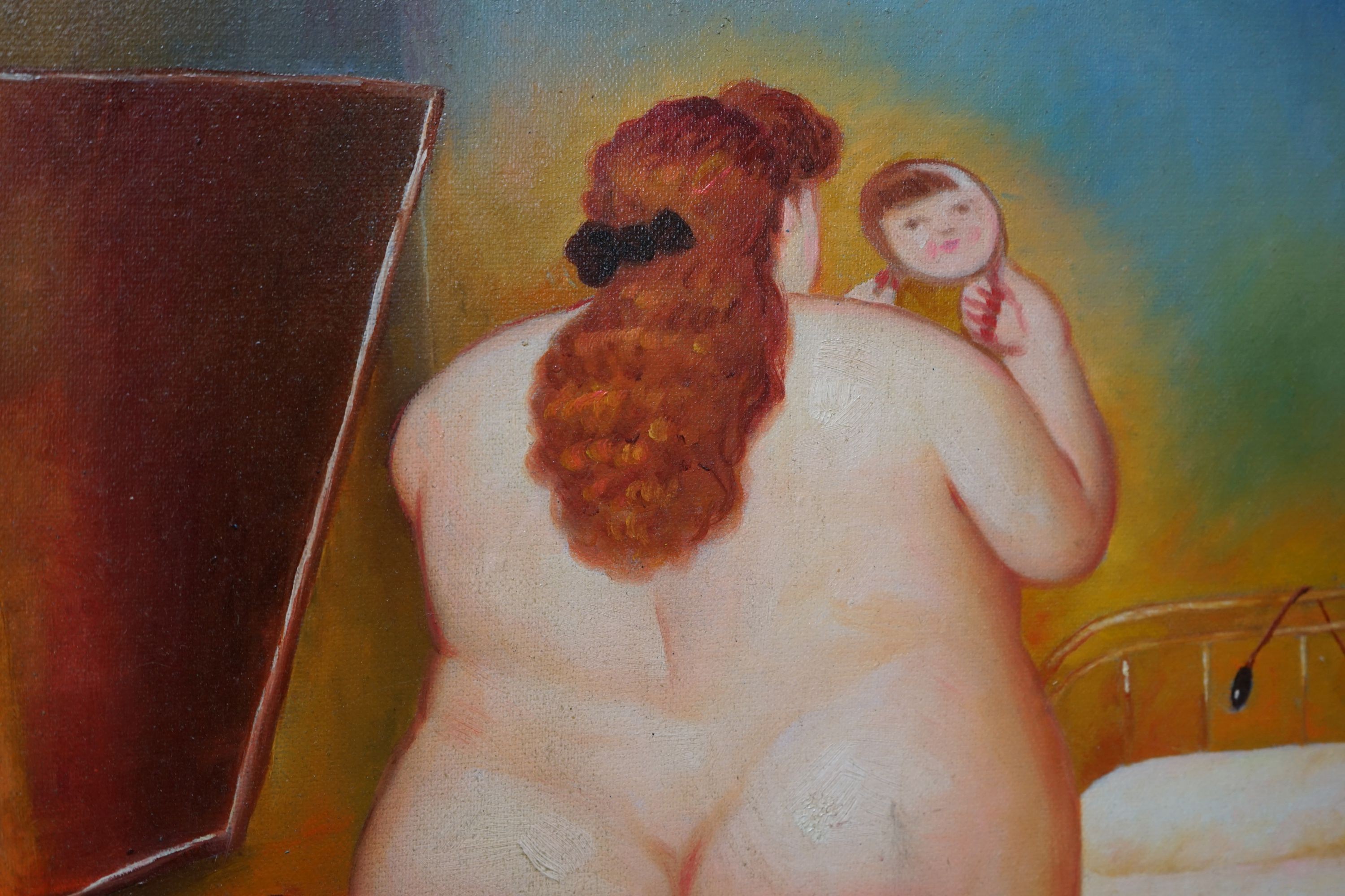 After Botero, oil on board, Nude in a looking glass, bears signature, 50 x 40cm